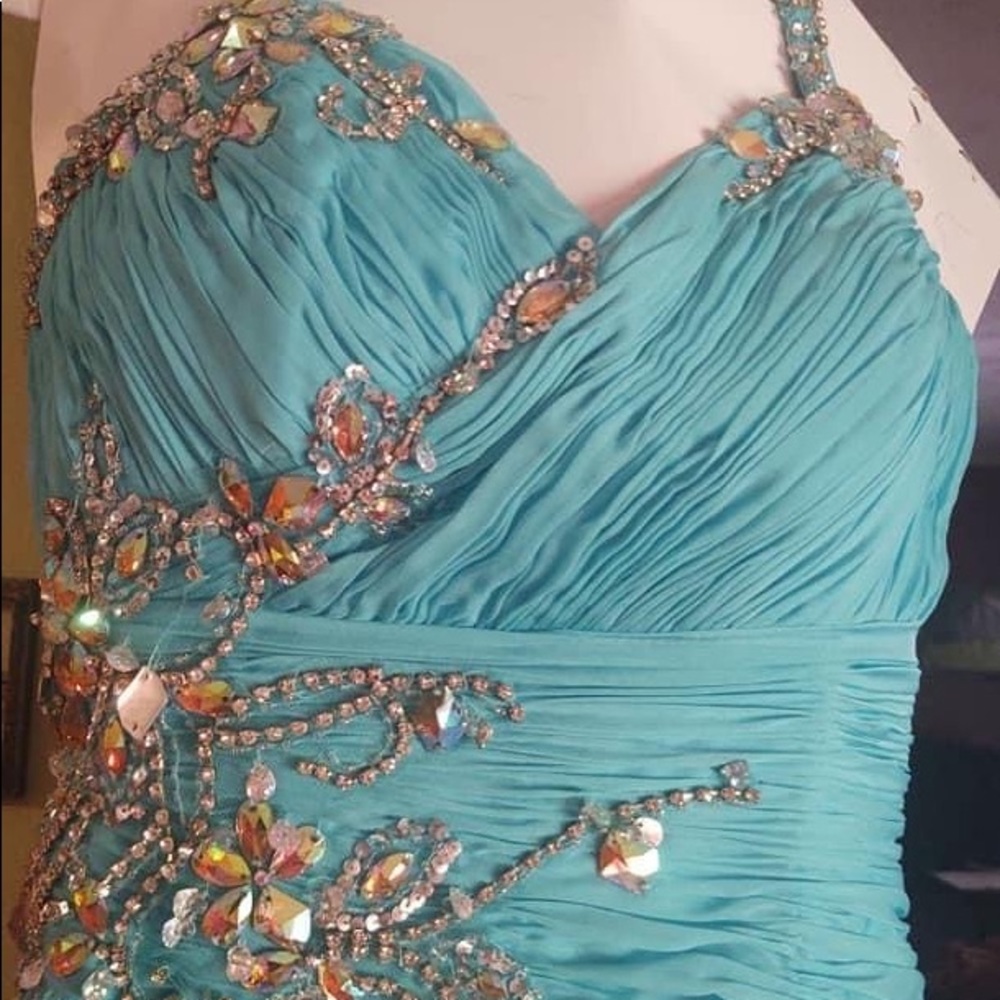 Teal rhinestone flowy high slit prom dress